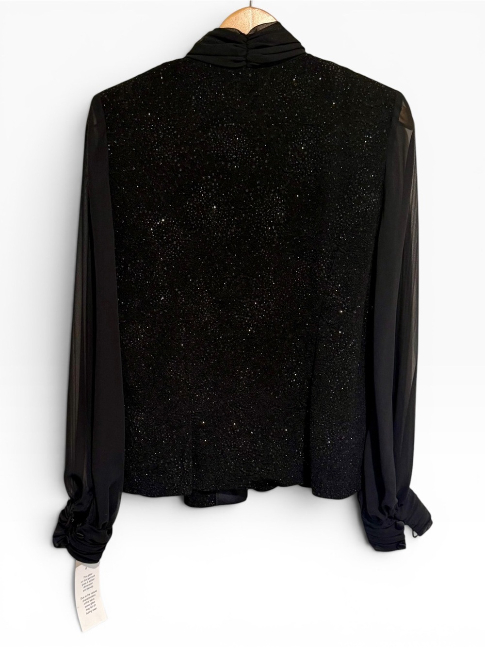 Alex Evenings Black Glitter Knit Blouse Sheer Sleeve Shawl Collar Top Size Large - Picture 4 of 6